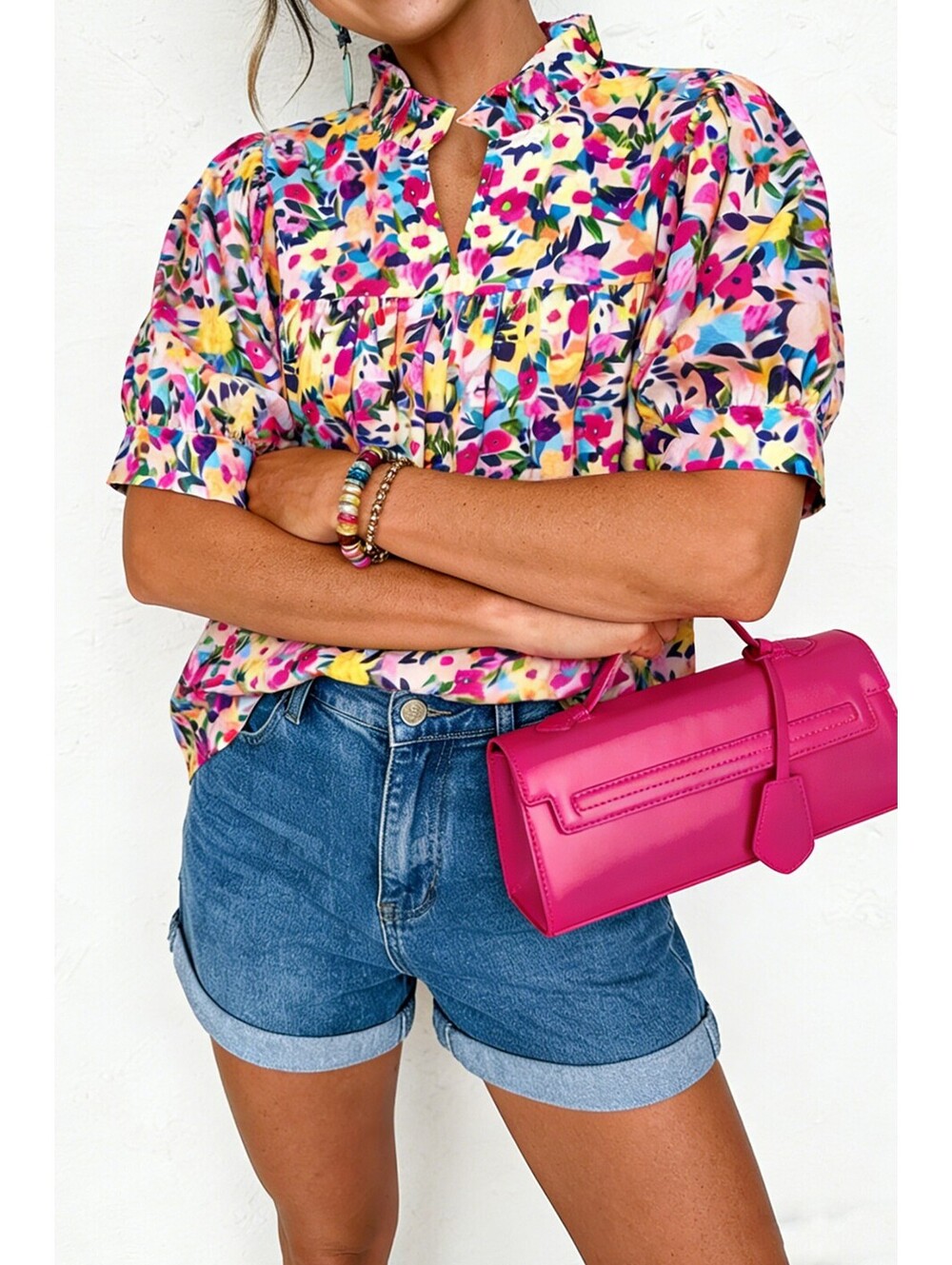Women's Floral Print Blouse with Ruffle Neck and Puff Sleeves